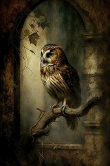 Vintage Moody Dark Academia Earthy Palette with Wise Owl Art - obrazy, fototapety, plakaty
