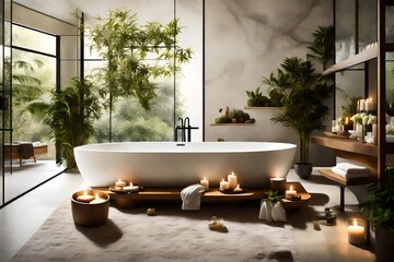 A spa-inspired bathroom where a freestanding bathtub beckons, surrounded by flickering candles, plush towels, and soothing greenery