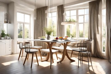 An airy kitchen with an abundance of sunlight streaming through sheer curtains, illuminating a breakfast nook set for a tranquil start to the day