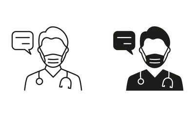 Doctor in Mask with Speech Bubble Consultation Concept Line and Silhouette Icon Set. Physician Talking Pictogram. Healthcare Chat, Medic Conversation Symbol Collection. Isolated Vector Illustration