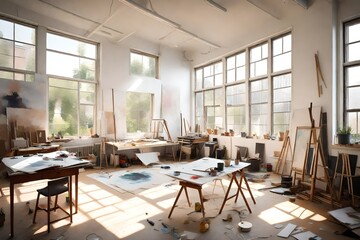 An artist's studio with large north-facing windows, providing a soft, even light that falls gently upon a canvas-in-progress