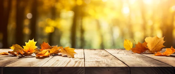  Autumn maple leaves on wooden table top. Falling leaves natural background. Sunny autumn day with beautiful orange fall foliage in the park. wide panoramic background, digital ai  © Viks_jin