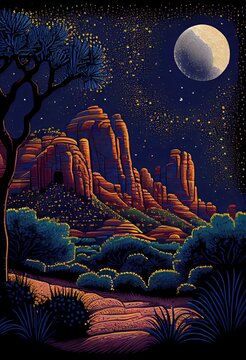 Atmospheric Sedona: A Nighttime Pointillism Vector Artwork