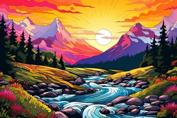 vibrant mountainscape with pop art flair, Generative AI