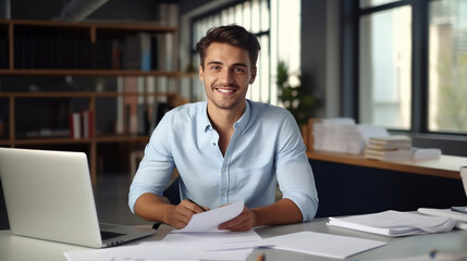 Portrait of a young businessman in a shirt, looking into the camera with a smile on his face and crossed hands