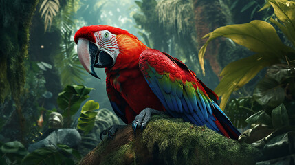 Close-up head shot of red macaw with nature background generative ai