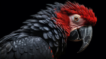 Fototapeta premium Close-up head shot of red macaw with dark background generative ai