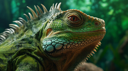 Fototapeta premium Close-up head shot of iguana with nature background generative ai