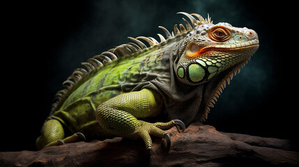 Close-up head shot of iguana with nature background generative ai