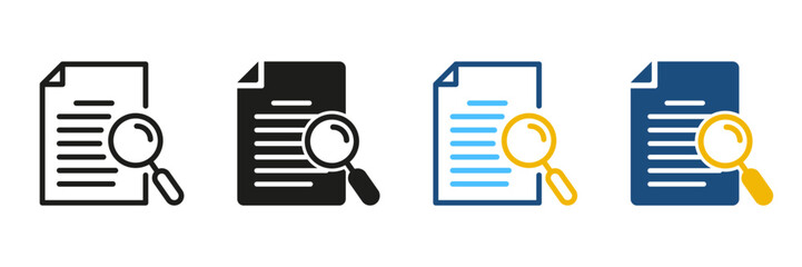 Document with Magnifying Glass Line and Silhouette Icon Set. Study and Research Symbol Collection. Contract Case Black and Color Pictogram. Application Form, Data Report. Isolated Vector Illustration