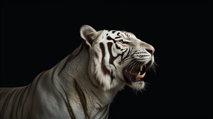 Fototapeta premium Close-up head shot of white tiger with dark background generative ai