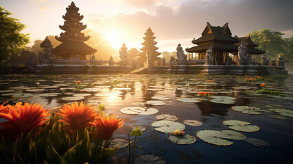 Balinese temple surrounded by water and lily pads  and flowers with mountain scenery
