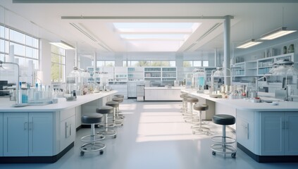 a clean laboratory space with white and grey stools Generative AI