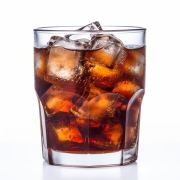 A refreshing glass of soda with ice on a clean white background