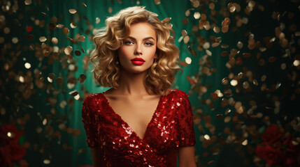 Fototapeta premium Generative AI, beautiful european blonde girl with luxurious curls in a red shiny evening dress on a dark background, happy new year, christmas, celebration, party, elegant woman, amazing lady