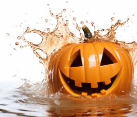 A floating jack-o-lantern in the water at night