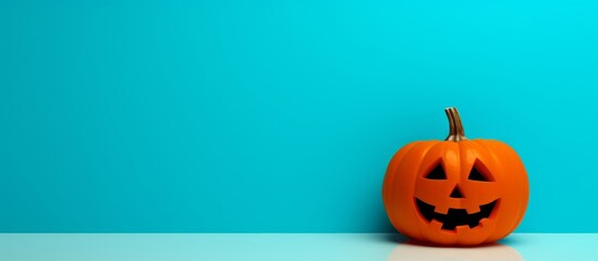 A spooky jack o lantern pumpkin against a vibrant blue backdrop