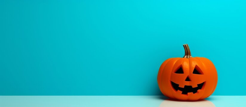A spooky jack o lantern pumpkin against a vibrant blue backdrop