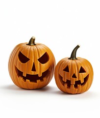 Two Halloween-themed carved pumpkins side by side