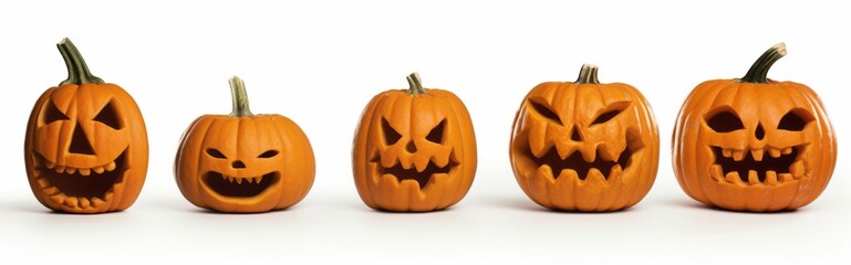 A row of intricately carved pumpkins with expressive faces