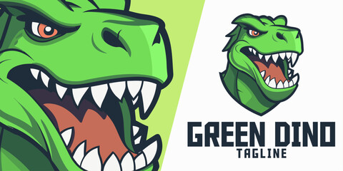 Mascot Illustration and Vector Graphic Design: Illustrated Green Dinosaur Head Logo for Sport and E-Sport Gaming Teams with Dino Trex Mascot Head.

