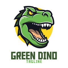 Green Dinosaur Head Mascot Logo: Vector Graphic, Illustration for Sport and E-Sport Gaming Teams, Displaying Dino Trex Mascot Head.

