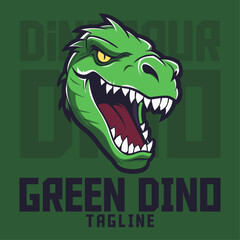 Green Dinosaur Head Logo: Illustrated, Mascot, Illustration, Vector Graphic for Sport and E-Sport Gaming Teams, Featuring Dino Trex Mascot Head.

