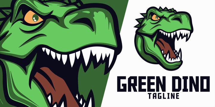 Green Dinosaur Head Mascot Illustration: Logo, Vector Graphic for Sport and E-Sport Gaming Teams, Including Dino Trex Mascot Head.

