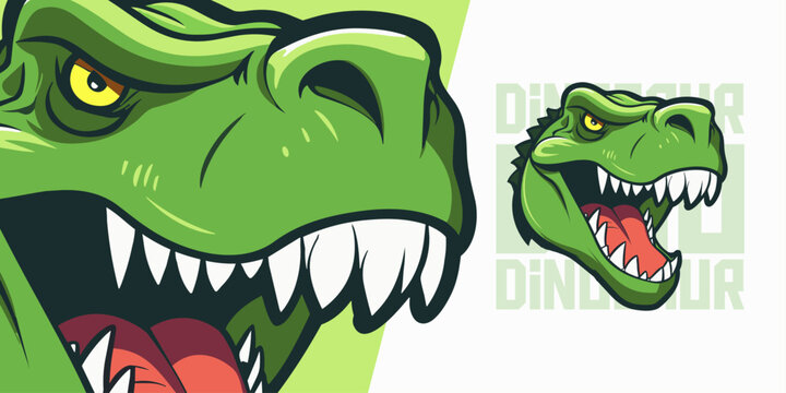 Illustrated Green Dinosaur Head Logo for Sport and E-Sport Gaming Teams, Featuring Mascot Illustration and Vector Graphic of Dino Trex Mascot Head.

