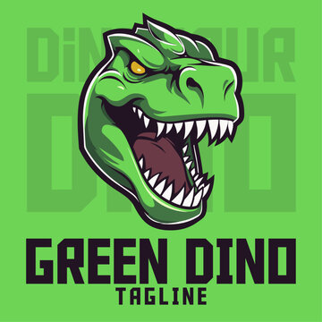 Green Dinosaur Head Vector Graphic: Logo, Mascot, Illustration for Sport and E-Sport Gaming Teams with Dino Trex Mascot Head.

