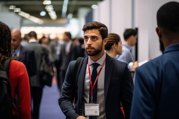A person attends a career fair, interacting with potential employers and learning about diverse job opportunities. Generative Ai.