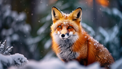 Fototapeta premium Red fox in snowy winter landscape against blurred forest background.