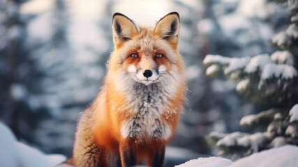 Obraz premium Red fox in snowy winter landscape against blurred forest background.