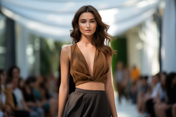 Fototapeta premium A model confidently walks the runway wearing an outfit from an ethical fashion brand, showcasing the fusion of style and sustainability. Generative Ai.