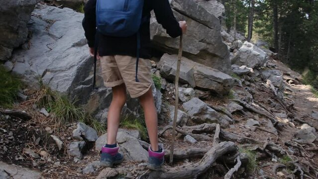 7 year old boy walks in a national park during summer spring detail shot of feet and legs concept growth free time contact with nature education in childhood and sustainable and ecological lifestyle