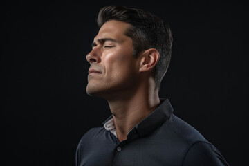 Obraz premium A person places their hand on their shoulder and gently tilts their head towards the opposite shoulder, engaging in a side neck stretch. Generative Ai.