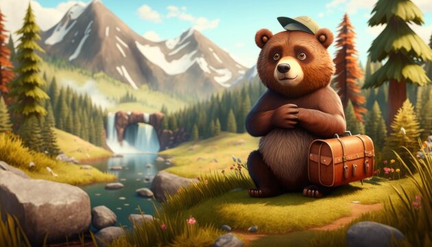 Cute Brown Bear Explores the World in Adorable Cartoon Style - 4K Image