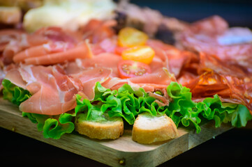 Fresh cuts of French cured sausages, ham, cheeses for party close up