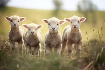 Fototapeta premium a group of sheep are standing together in the field Generative AI