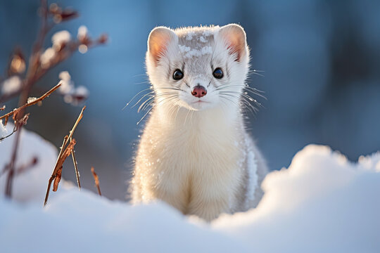 Cute tiny white winter weasel in the snow on a blurred background of a snowy forest