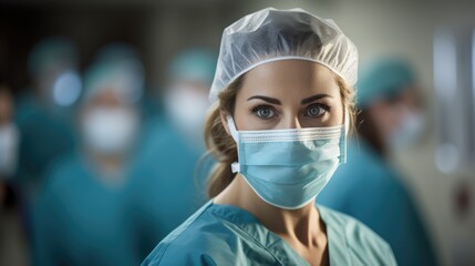 a woman wearing a mask and scrubs