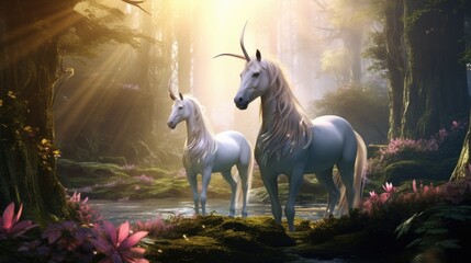 two white horses standing in a forest