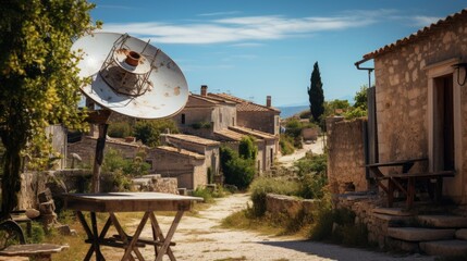 a satellite dish on a table in a village