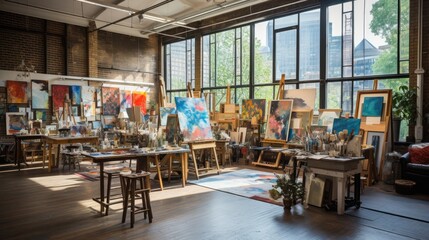 a room with art and painting equipment