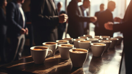 Coffee break in business meeting. Cappuccino cups on the table. Businesspeople in the blurred background. - 641487306