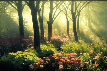 Garden Flowerbed: A Serene Morning Scene Enveloped in Misty Hues - obrazy, fototapety, plakaty