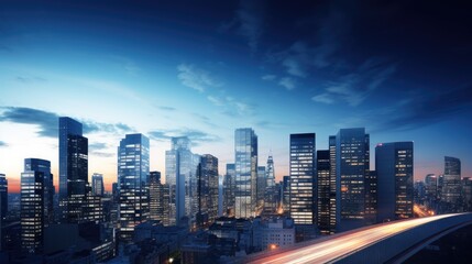 a city skyline with many tall buildings