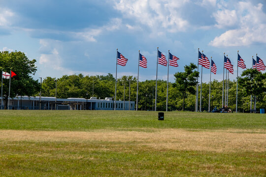 13 colonies flagpoles In Liberty State Park in summer