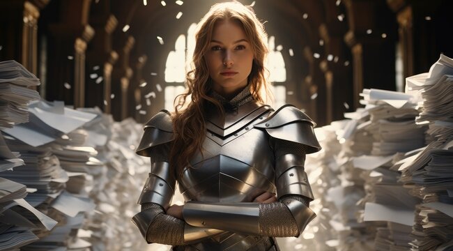 a woman in armor standing in a room with windows
