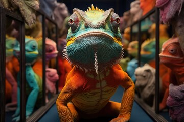 a colorful lizard in front of a mirror